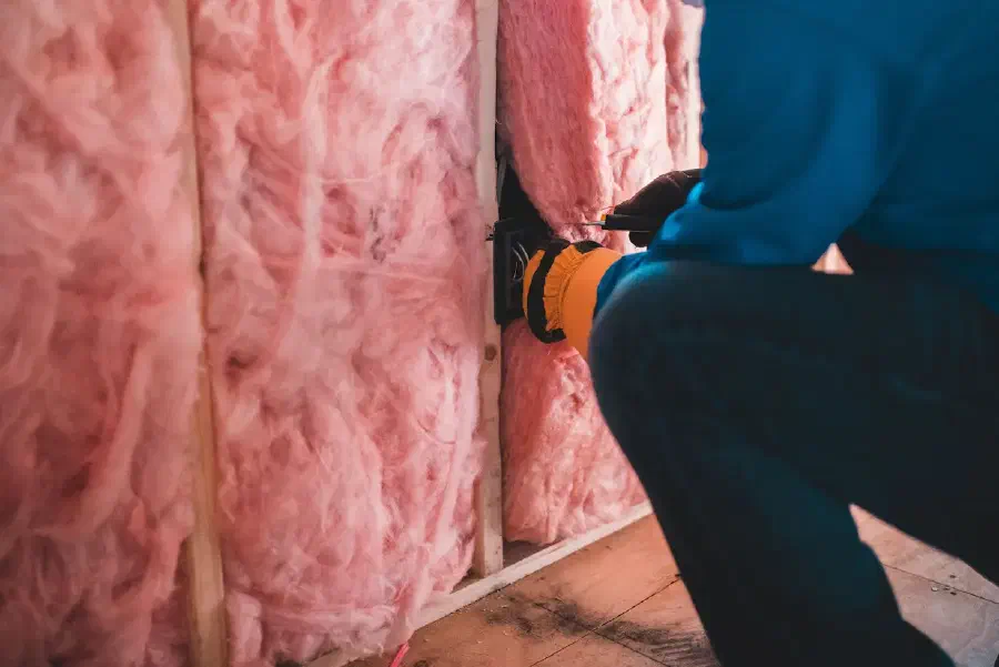 Isolatiemateriaal wordt geplaatst tegen aan muur